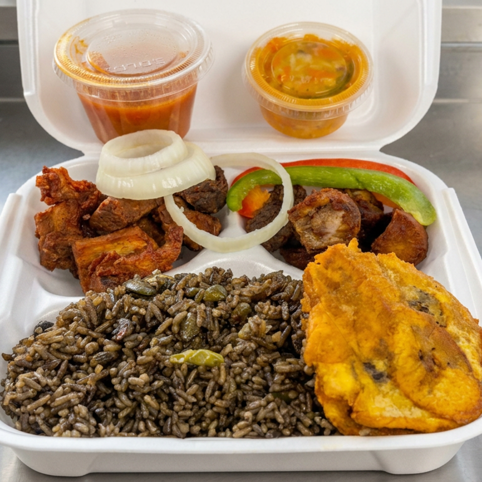 Takeout container holding seasoned rice, fried plantains, grilled meat, onions, peppers, and two cups of sauce.